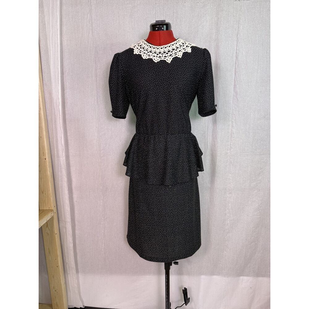 Vtg KR of NY Dress Womens Black White Polka Dot Lace Medium Cottagecore E116